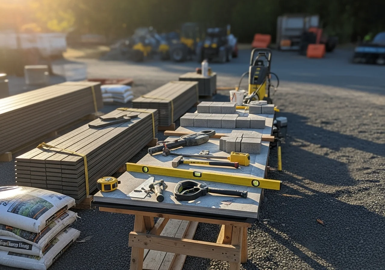 Outdoor construction site showing deck framing, patio materials, and landscaping tools staged for a residential hardscape project.