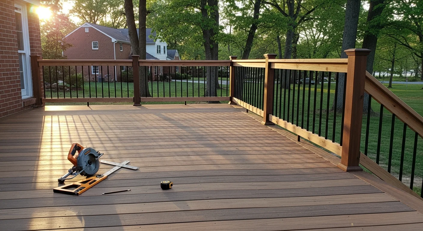 Multi-level residential deck with outdoor seating area