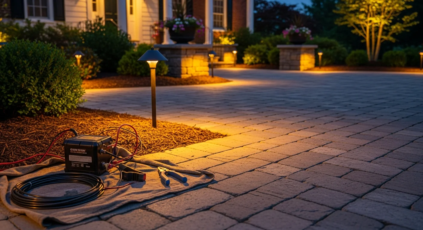 Landscape lighting illuminating patio and garden pathways at dusk