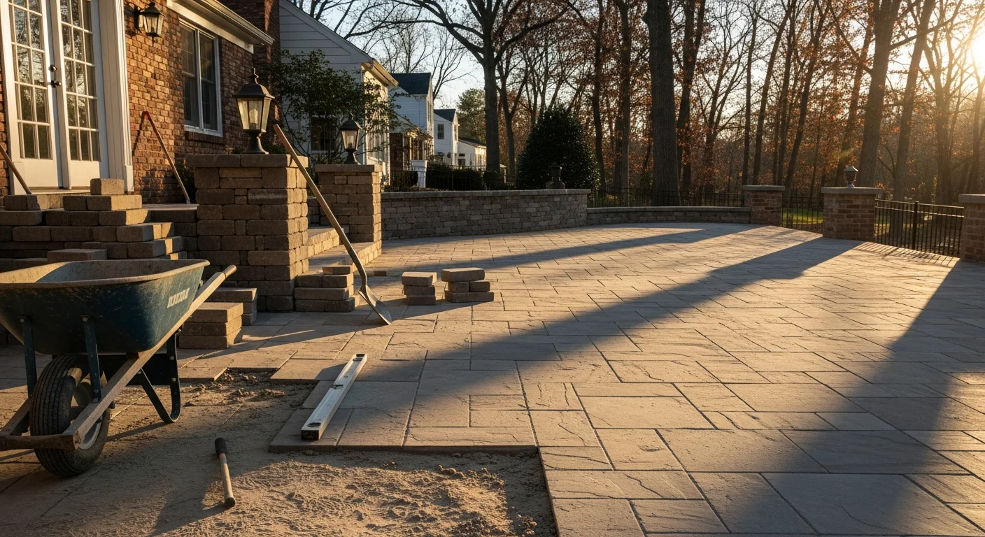 Custom patio with stone hardscape in residential backyard