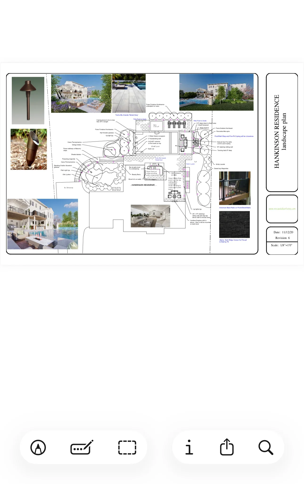 Landscape design plan with patio layout, hardscape details, and poolside entertainment area