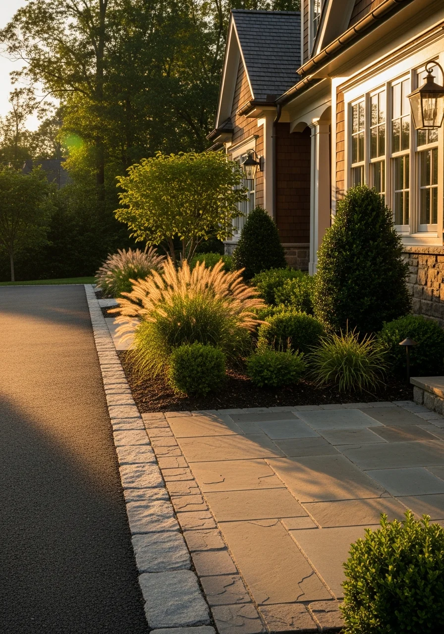 Close-up of a well-maintained Loudoun County home exterior with professional landscaping and clear driveway access.