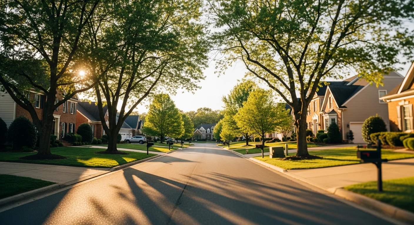 Suburban Loudoun County neighborhood with tree-lined street and mixed residential homes in daylight.