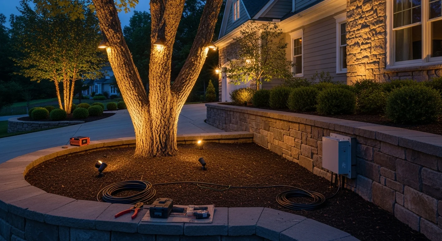 Professionally installed accent lighting on a Loudoun County residential property, with low-voltage fixtures uplighting mature trees and illuminating a stone retaining wall along a landscaped front yard at night.