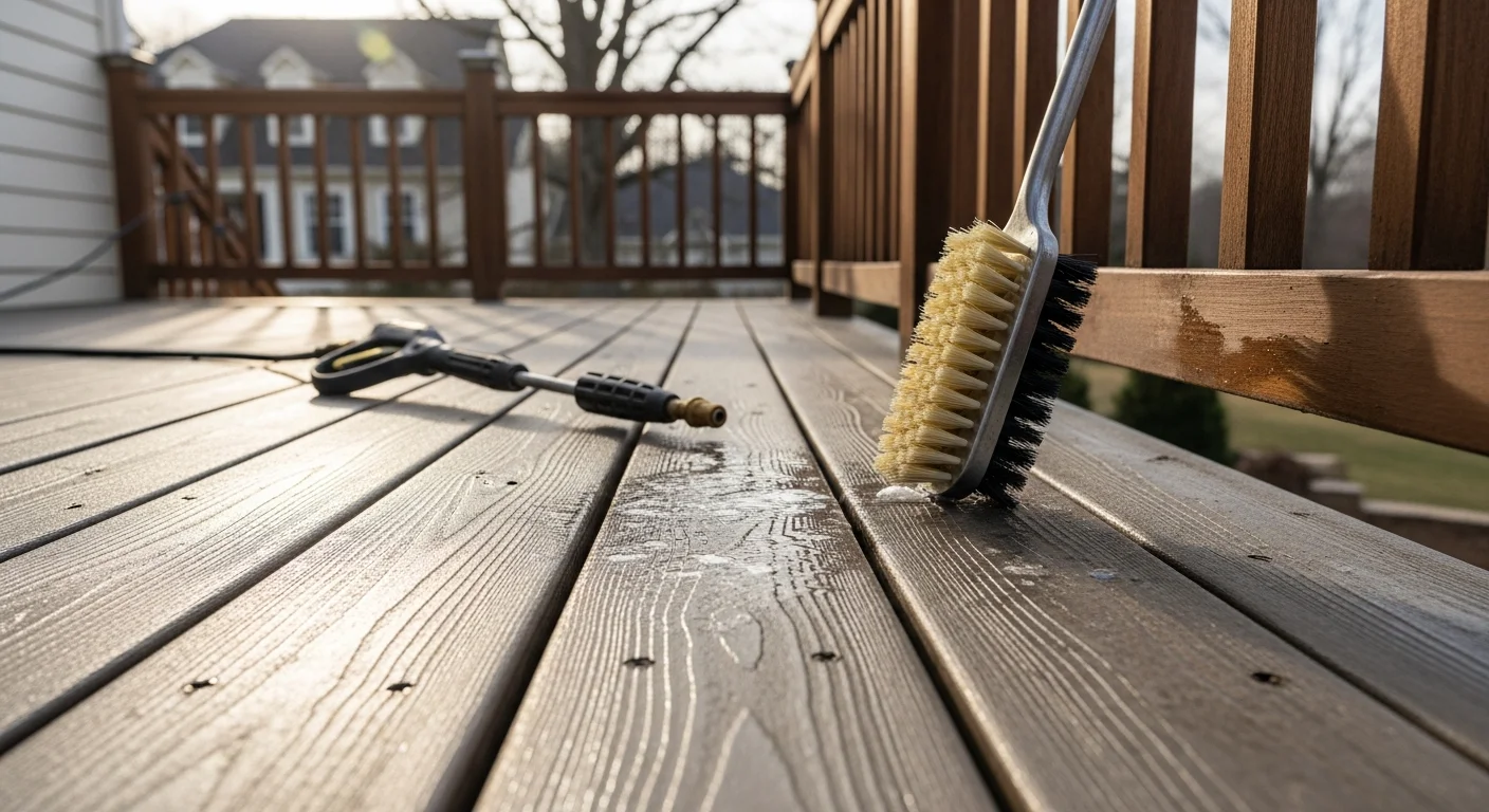 A wood deck on a Loudoun County home after professional maintenance, showing a clean, sealed surface with no visible algae, gray weathering, or board damage. The deck overlooks a residential backyard typical of Northern Virginia.