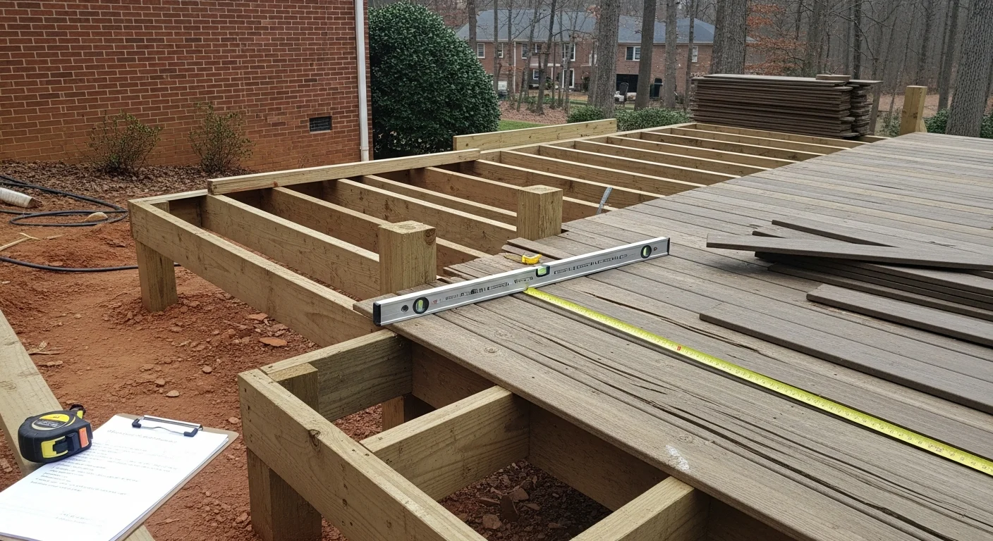 A remodeled deck on a single-family home in Loudoun County, Virginia, showing new decking boards, updated railings, and a rebuilt stair section. The structure sits level on a graded backyard lot typical of Northern Virginia subdivisions.