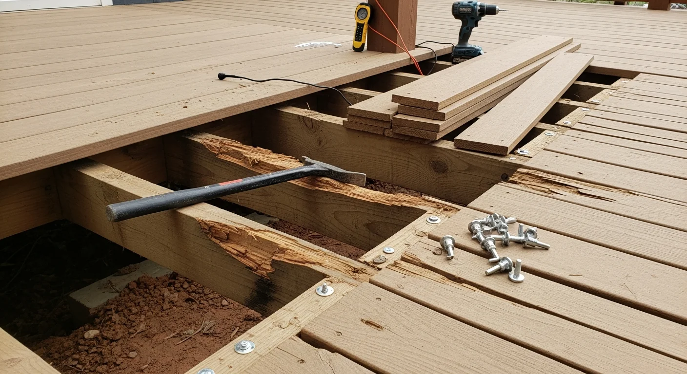 A repaired wood deck on a Loudoun County residential home showing replaced decking boards, reinforced railings, and a clean surface ready for use. The substructure joists and ledger board connection are visible in a before-and-after comparison showing rot removal and new structural framing.