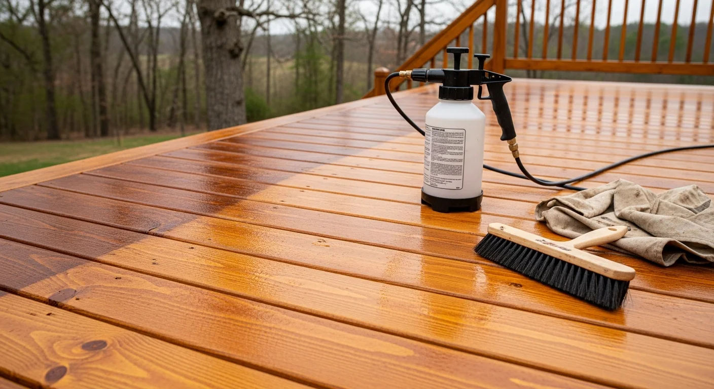 A freshly stained and sealed wood deck on a Loudoun County home, showing even color coverage across the deck boards with no peeling or gray weathering. The surface shows a clean, protected finish ready for outdoor use.