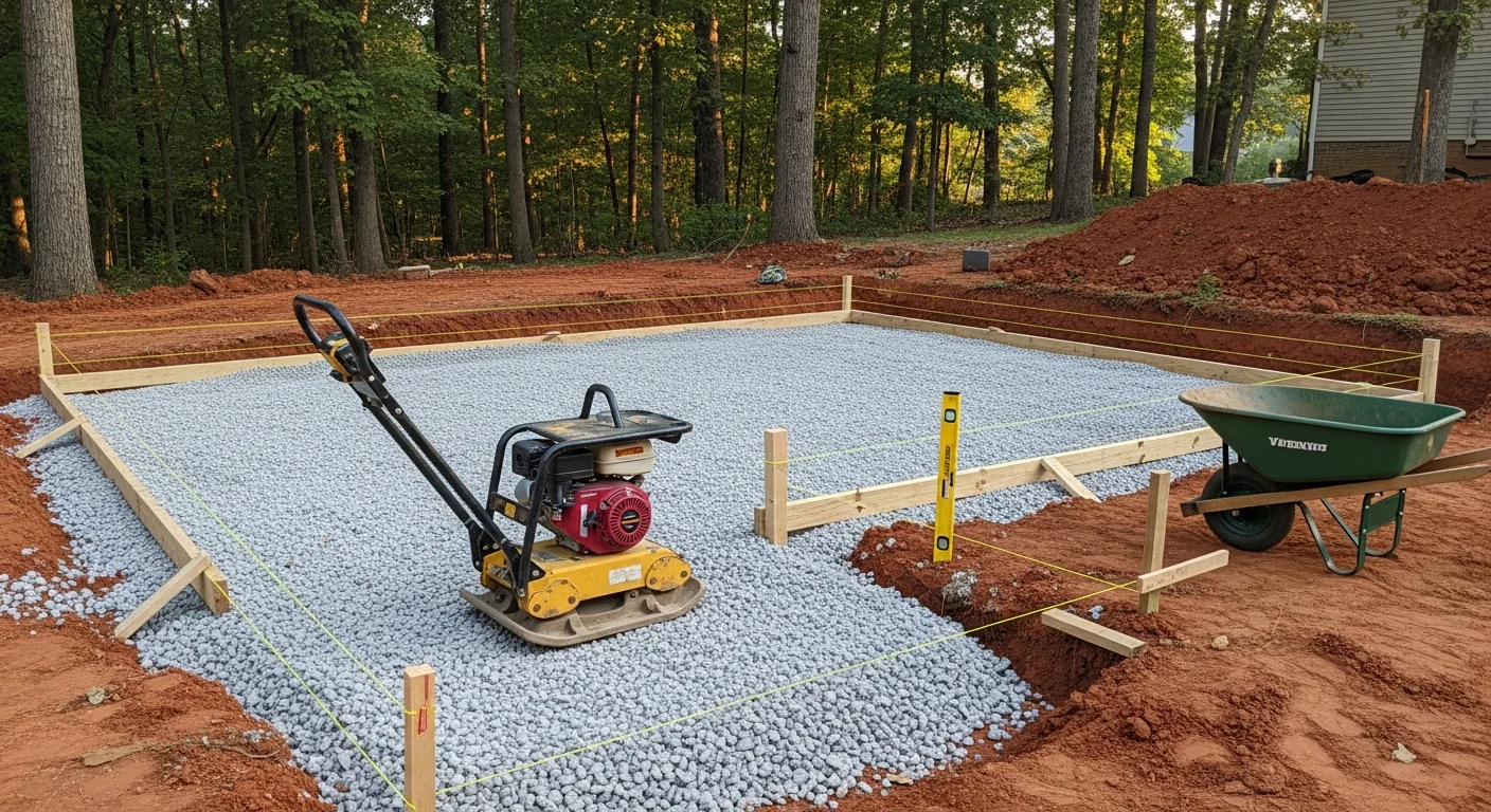 Completed paver patio installation in a Loudoun County, Virginia backyard, showing a level surface with clean joint lines and a sitting wall along the perimeter. The hardscape connects to the rear of a residential home with a graded lawn and mature trees in the background.