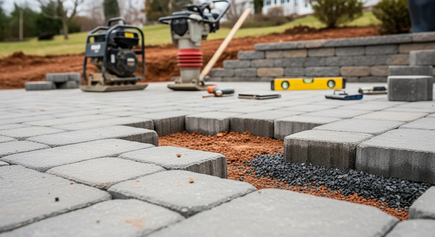 A repaired paver patio in a Loudoun County backyard showing level, tightly jointed pavers with no visible cracking or settling. A resettled walkway section connects the patio to the rear of a Northern Virginia home on a clay-soil lot.