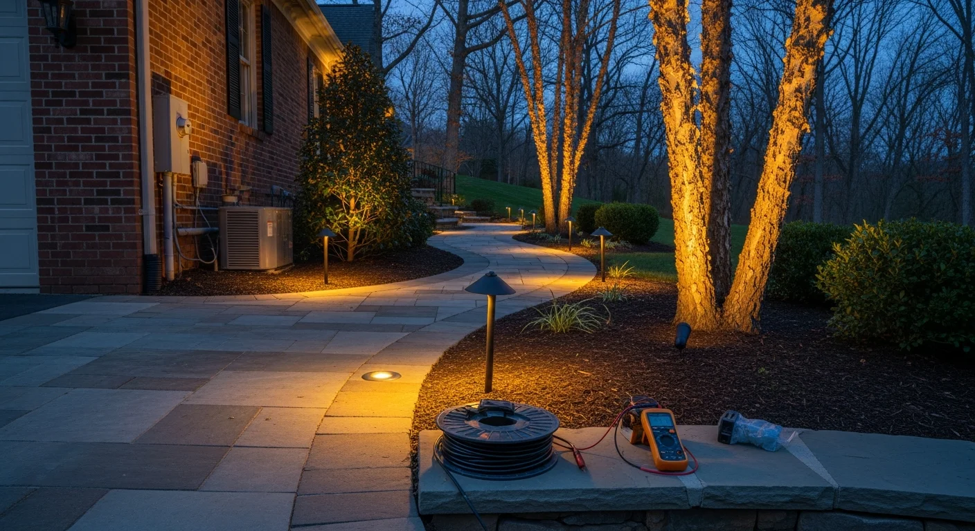 A Loudoun County residential property at dusk with low-voltage landscape lighting illuminating the front walkway, garden beds, and driveway edge. Warm-toned fixtures cast even light across the lawn without visible glare.