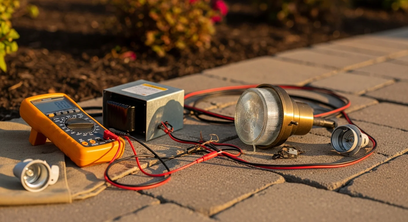 A repaired low-voltage landscape lighting system illuminating a residential front yard in Loudoun County, Virginia, with pathway lights and uplights functioning correctly after a fixture and wiring repair. A technician's work area is visible near a garden bed where a corroded fixture was replaced.