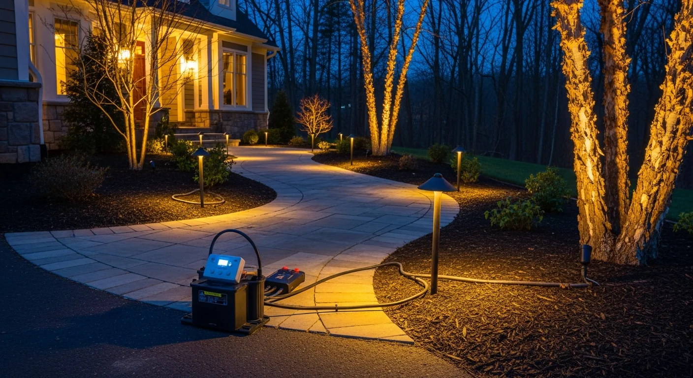 A Loudoun County residential property at dusk with upgraded LED pathway lights lining a stone walkway and accent fixtures illuminating mature trees and a front entry. Genesis Outdoor Living outdoor lighting upgrade installed across a single-family home exterior in Northern Virginia.