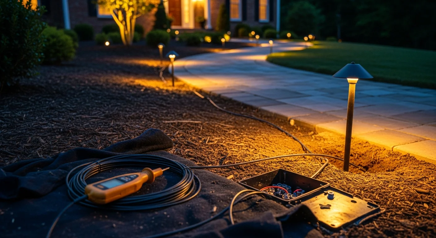 Professionally installed low-voltage pathway lights lining a residential walkway at a Loudoun County, Virginia home after dark. Fixtures cast even, downward light along the path edge with a landscaped garden bed visible in the background.