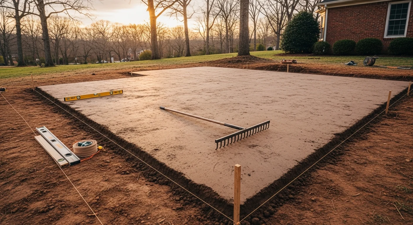 A finished custom patio installed by Genesis Outdoor Living in a Loudoun County backyard, showing a level hardscape surface with defined seating zones and a graded lawn edge. The patio connects directly to the home's rear entry and sits within a landscaped yard typical of Northern Virginia residential properties.