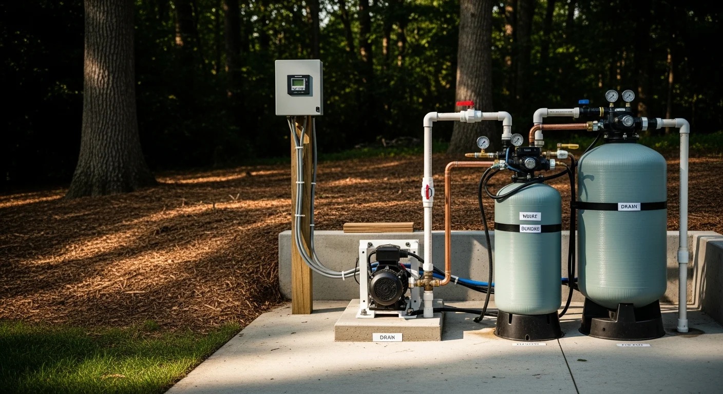 A newly installed pool equipment pad showing a pump, filter, and plumbing connections beside an inground pool in a Loudoun County backyard. The equipment is mounted on a level concrete pad with clean pipe runs and visible electrical conduit.