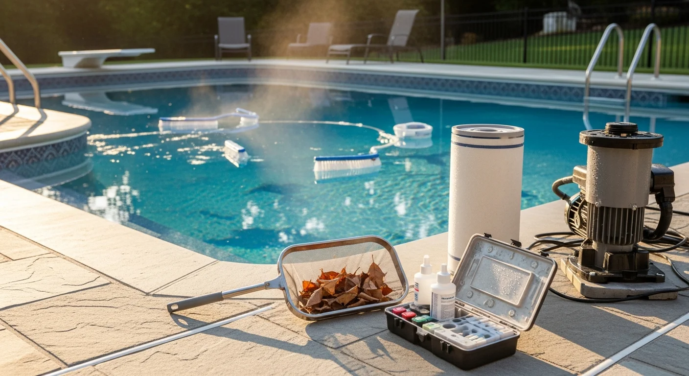 A clear, well-maintained inground swimming pool in a residential Loudoun County backyard, with a technician from Genesis Outdoor Living checking the water chemistry using a test kit. Pool equipment and a clean deck surface are visible in the background.