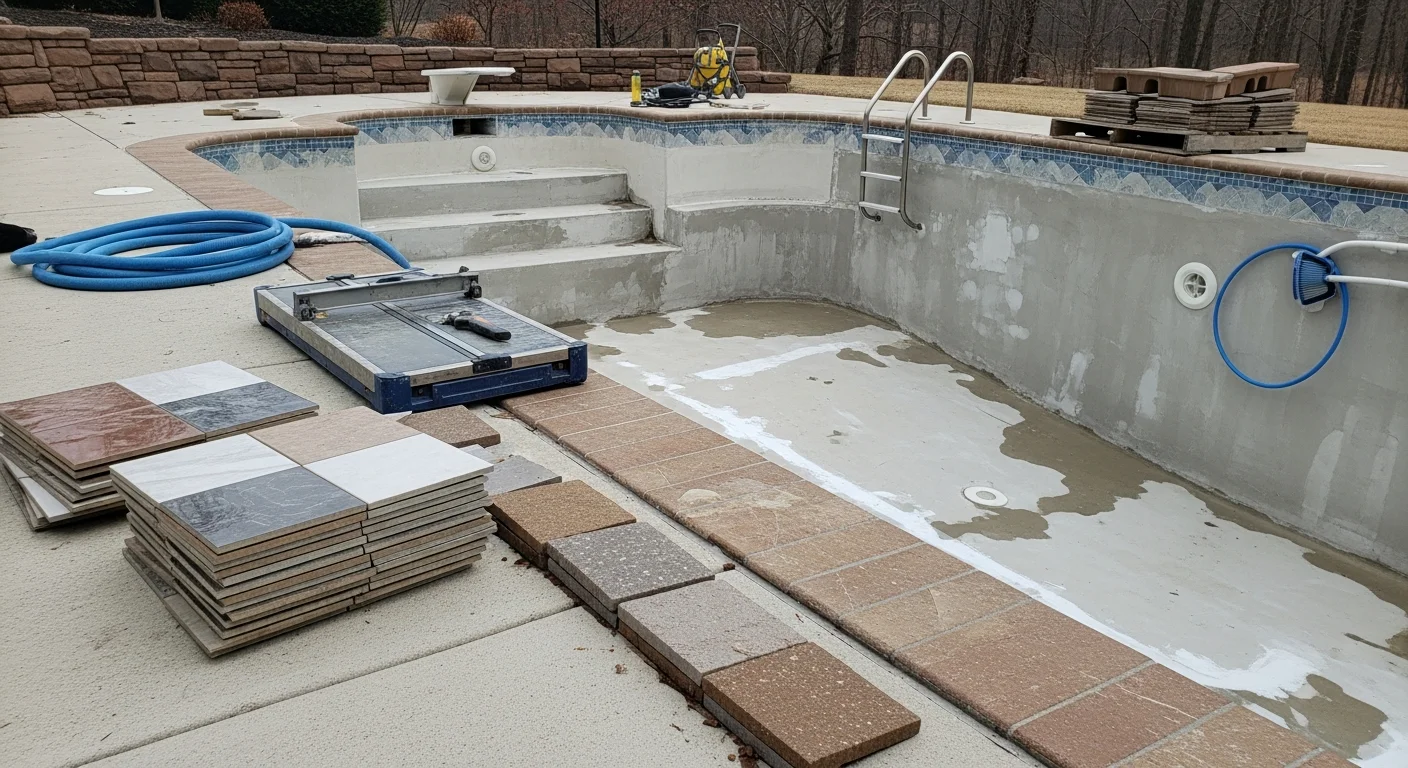 A renovated in-ground pool with fresh plaster, new tile coping, and refinished concrete decking in a residential backyard in Loudoun County, Virginia. The pool water is clear and the surrounding deck shows no visible cracking or wear.