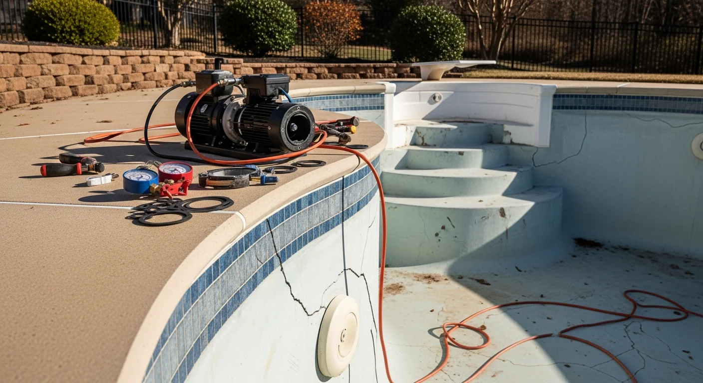 A repaired inground pool in a Loudoun County, Virginia backyard showing clean plaster, intact tile coping, and clear water after professional pool repair service. A technician inspects the pool equipment pad beside the pool shell.