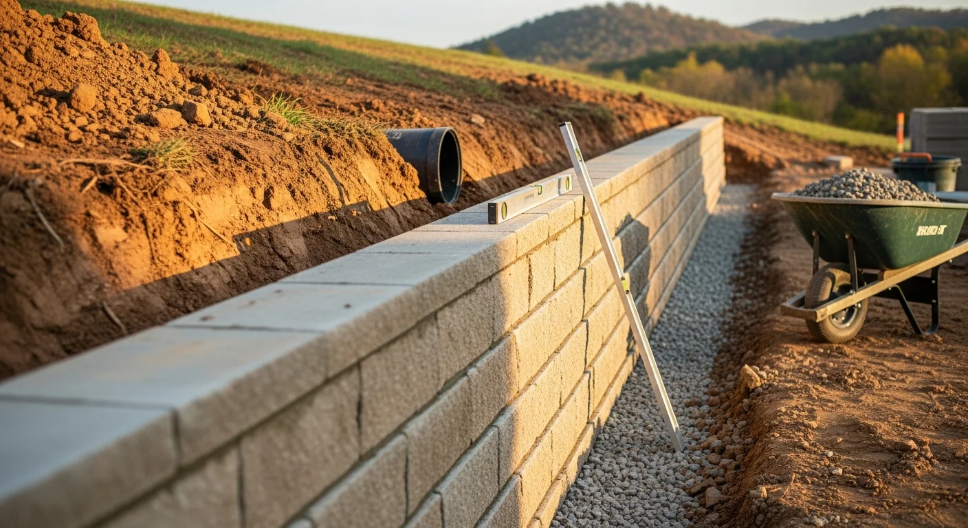 A completed multi-tiered retaining wall built from natural stone on a sloped residential backyard in Loudoun County, Virginia. The wall creates two level terraces with a gravel drainage channel visible at the base.
