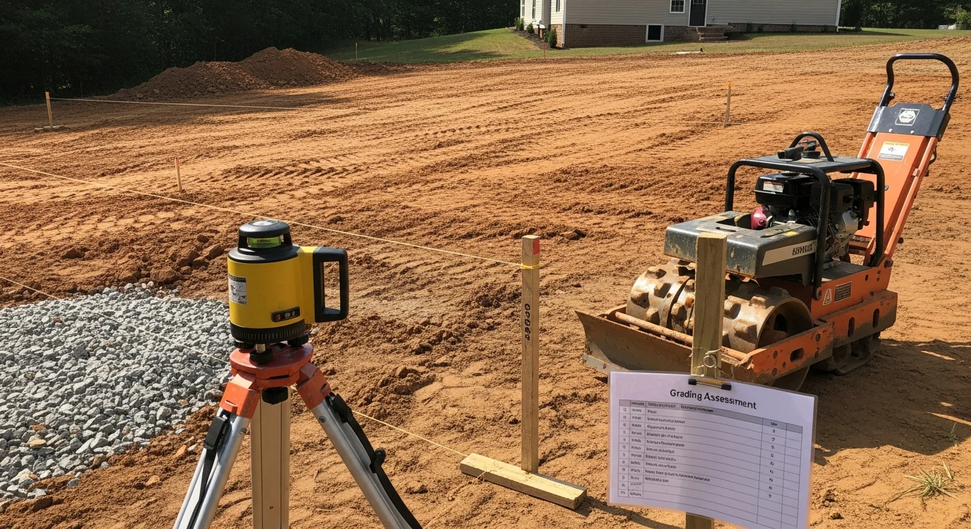 A graded and compacted backyard site in Loudoun County, Virginia, ready for patio installation, with smooth leveled soil and clear drainage slope visible. A patio builder from Genesis Outdoor Living inspects the prepared ground before surface work begins.